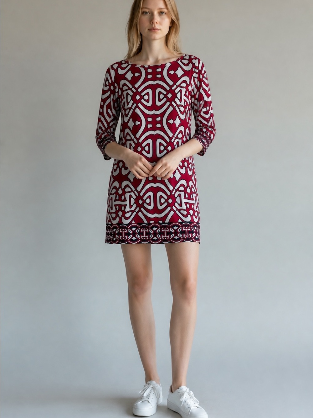 LAUNDRY By Design 3/4  Sleeve Shift Dress in Burgundy Geometric Print size 8